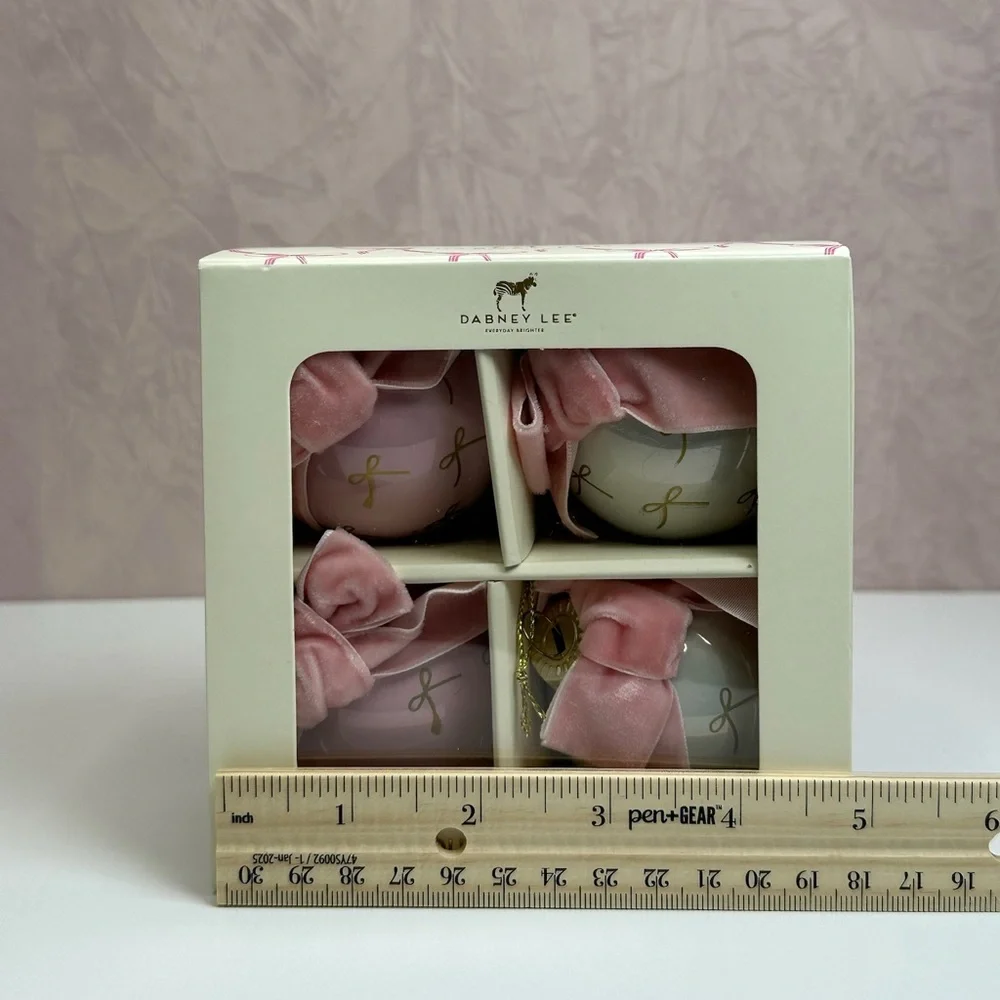 Dabney Lee Pink and Cream Coquette Bows Glass Ornaments Set
